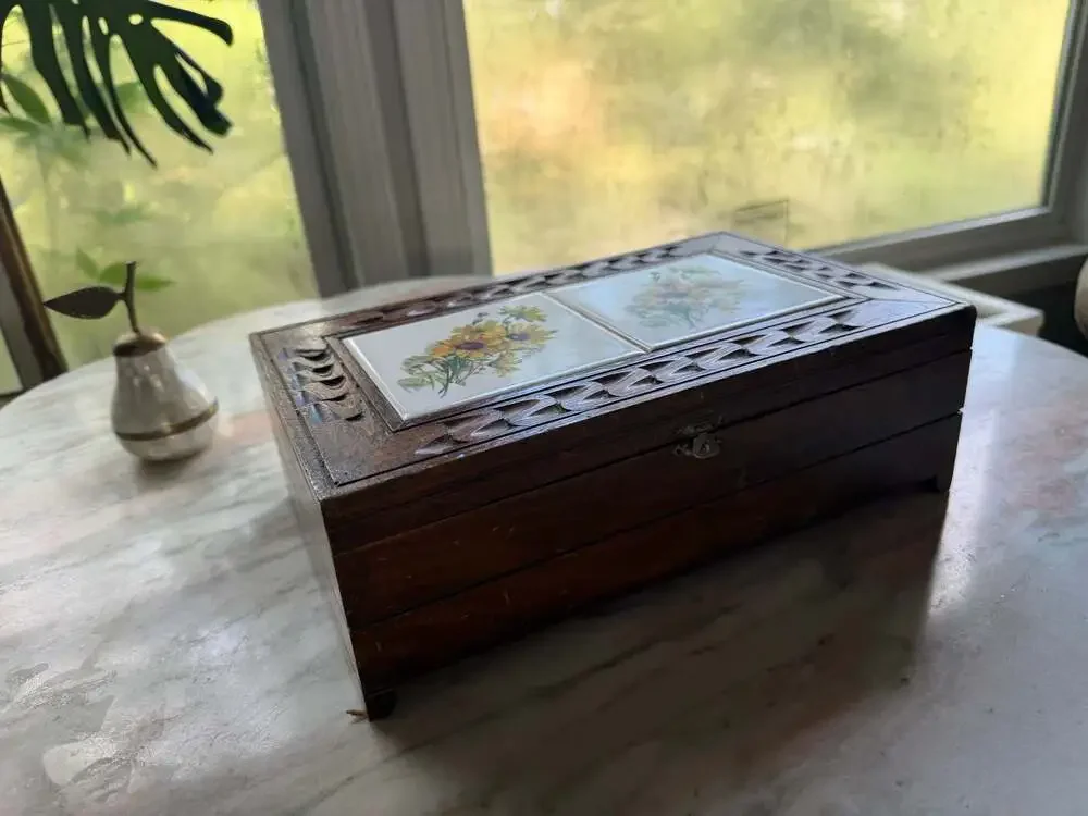 Vintage Carved Wooden Jewelry Keepsake Box with Sunflower Ceramic Tile Inlay